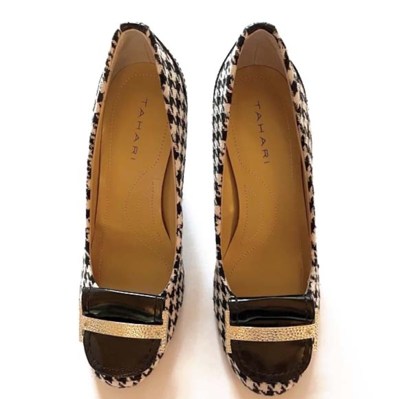TAHARI 'LUCY' HOUNDSTOOTH B&W PATENT PUMPS EUC - Picture 5 of 13
